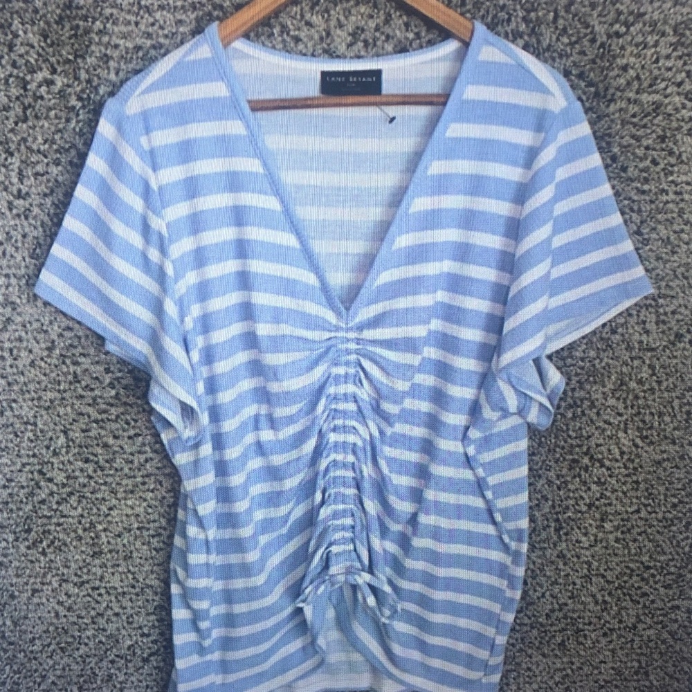 Lane Bryant Light Blue & White Striped V-Neck Ruched Tee